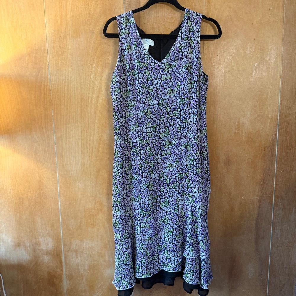 Susan Bristol Y2K Purple Floral Silk Tiered Ruffle Midi Dress Womens 12 - Picture 3 of 9